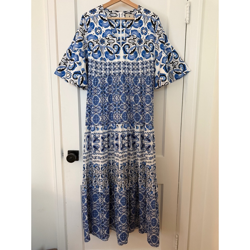 Tuckernuck Ginger Maxi Dress M Majolica Tile Blue White Cotton Flutter Sleeve